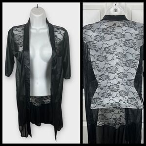 Black Satin and Floral Lace Short Sleeve open front robe kimono topper Small